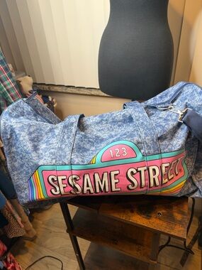 New 25" Denim Look Duffel Bag Retro Rainbow 123 Sign Sesame Street Place